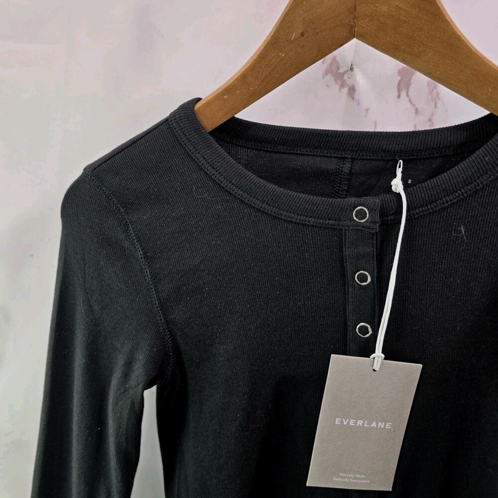 Everlane Shirt Womens Black Micro Luxe Rib Long Sleeve Henley Pima Supima - Picture 3 of 10